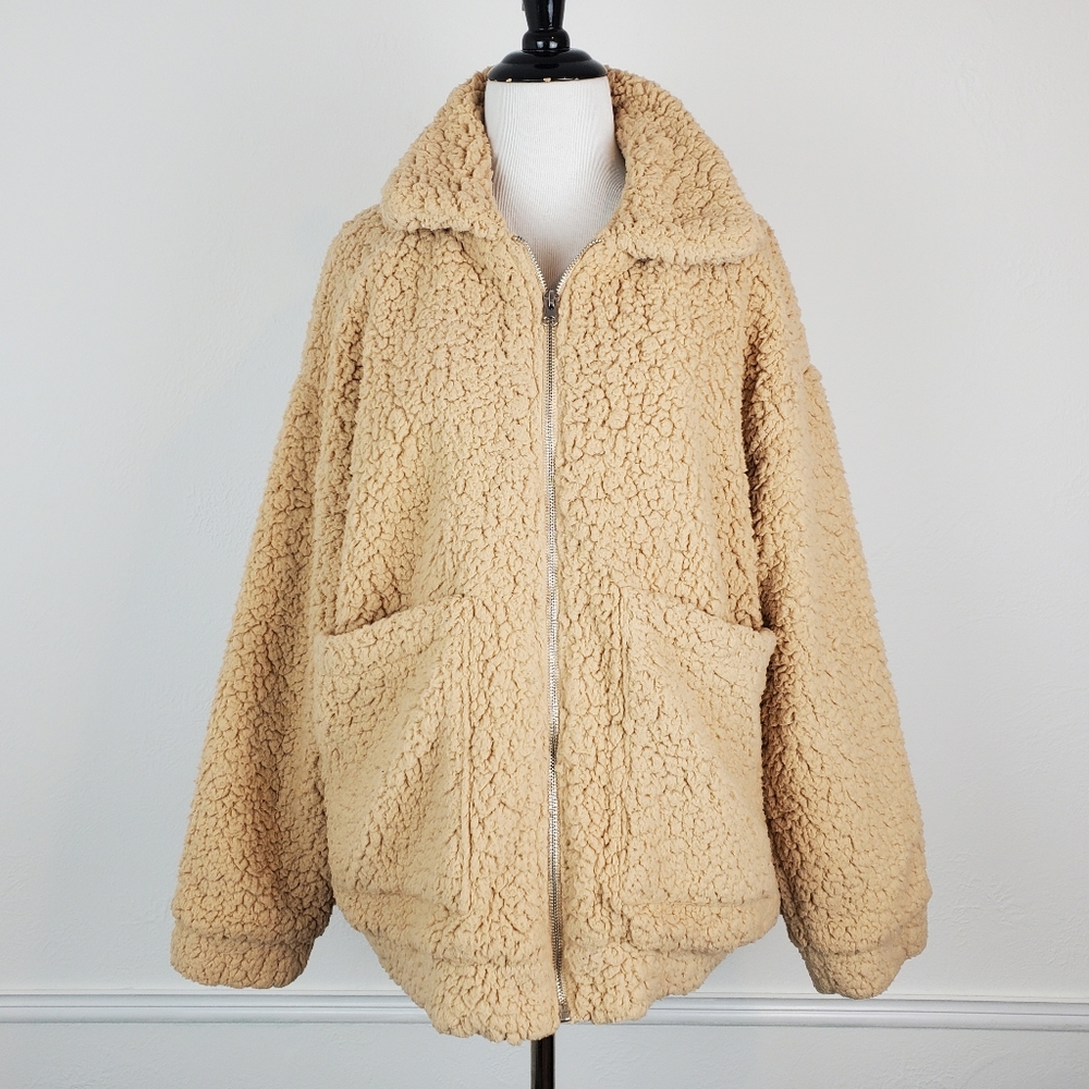 C&C California Teddy Jacket Sherpa Cozy Textured Oversized Boho Fall Winter Tan